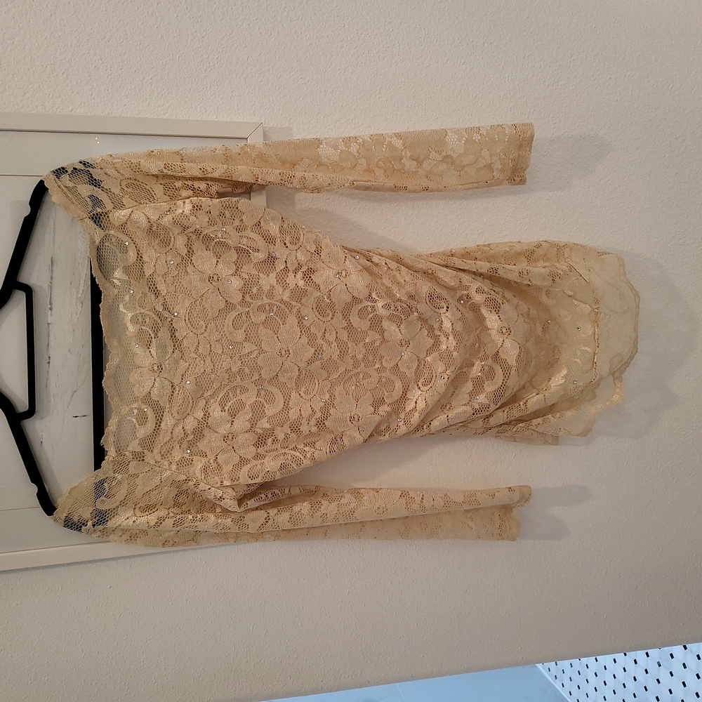 Off the Shoulder lace l/s top.  30 inches long.  Champagne color.